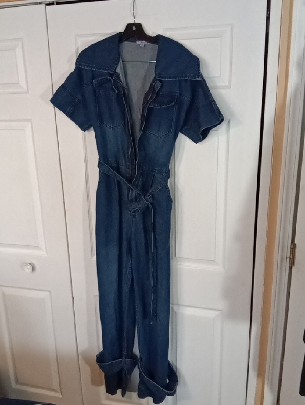 Casual Denim Jumpsuit with Tie Waist - Dark Blue